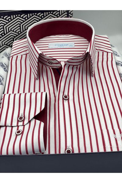 Fitmens Classic Long Sleeve Thick Striped Gift Boxed Men's Shirt Fs- 001260   - White Claret Red