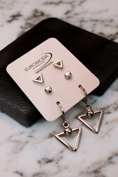 EUROMODA Triangle Design Silver Color Coated 3-Piece Earring Set with Ball Earrings