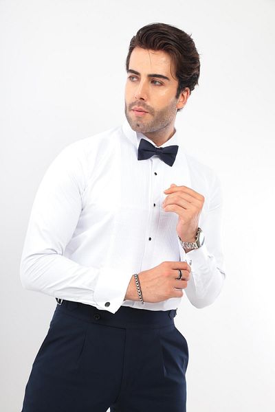 Fitmens Soft Satin Tuxedos Groomsuit Men's Shirt - Long Sleeve, Slim Fit, White Navy Fs- 001947
