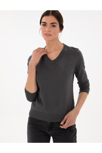 Pierre Cardin Anthracite Slim Fit V-Neck Basic Sweater 50300803-Vr006