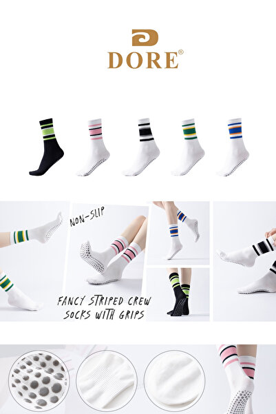 Dore Green White Anti-Slip Sole Socks for Pilates and Yoga - Pack of 1