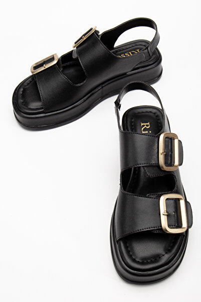 RİSSOLİ Dámské černé sandály Rissoli na klínovém podpatku s dvojitou přezkou