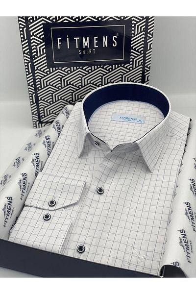 Fitmens Classic Long Sleeve Square Stripes Men's Shirt with Gift Box Fs- 002153   - White