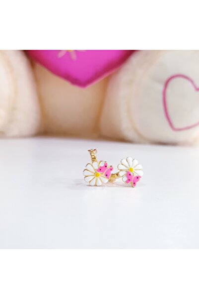 MAGRİB 22 ayar altın kaplama klipsli mineli papatyalı ve pembe kelebekli gümüş çocuk küpesi