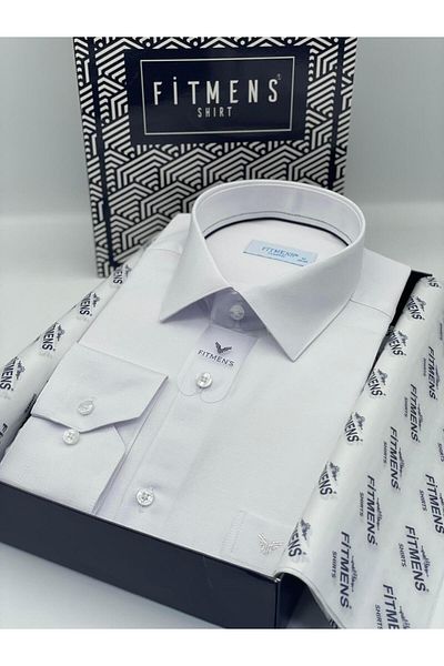 Fitmens Classic Long Sleeve Oxford Gift Boxed Easy Iron-On Men's Shirt Fs- 001254   - White Navy Blue