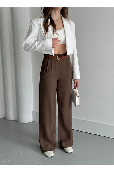 Laluvia Braune, doppelt plissierte Hose mit Gürtel – 3780