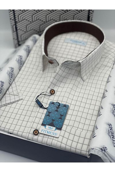 Fitmens Men's Shirt Fs- 003623   - Short Sleeve, Checked Design, White Coffee, with Gift Box
