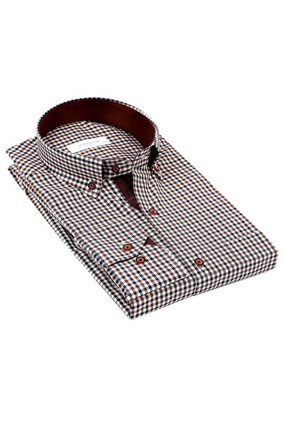 Fitmens قميص رجالي كلاسيكي بأكمام طويلة من King Check مع صندوق هدايا FS-001258 - بني