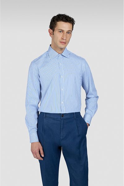 PAUL&SHARK Men's Slim Fit Stripe Patterned Cotton Long Sleeve Blue Shirt 25413060 Cf-V05