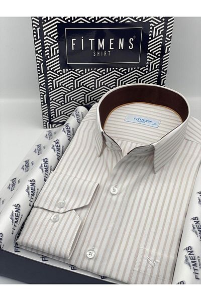 Fitmens Men's Shirt - Classic Long Sleeve, Stripe, Gift Box - White Beige Fs- 003864