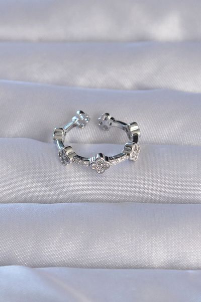 Skygo Brass Silver Color Zircon Stone Clover Model Adjustable Ring - Tj-Byk3212