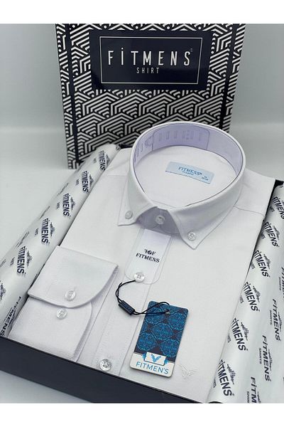 Fitmens Classic Long Sleeve Lapel Button Oxford Men's Shirt with Gift Box Fs- 003571   - White