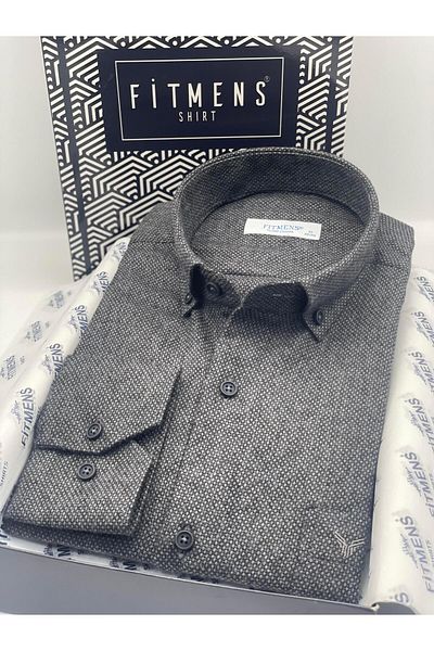 Fitmens Classic Long Sleeve Winter Collar Buttoned Wool 100% Cotton Gift Boxed Men's Shirt Fs- 003768   - Anthracite