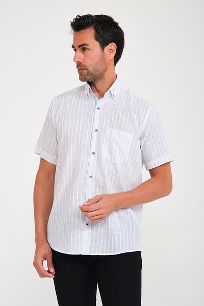 Fitmens Men's Shirt - Short Sleeve, Dobby Stripe, Flam Linen, Buttoned Collar, Gift Boxed Fs- 000678   - White a