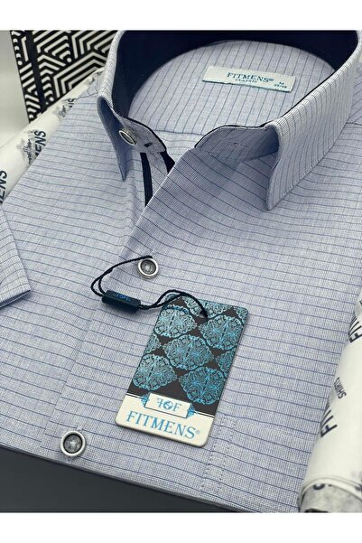 Fitmens Klasik Kısa Kol Keten Cotton Kareli Pamuk Hediye Kutulu Erkek Gömlek FS-003009 - Mavi