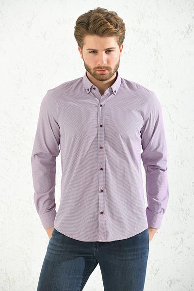 Fitmens Slim Fit Long Sleeve Checkered Collar Buttoned Gift Boxed Men's Shirt Fs- 001373   - Burgundy