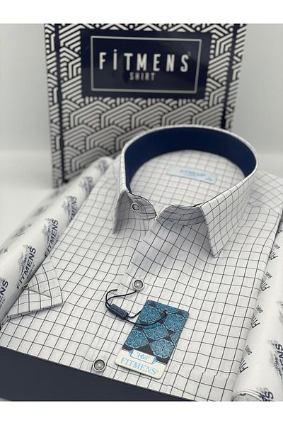 Fitmens Classic Short Sleeve Checkered Men's Shirt with Gift Box Fs- 003623   - White Navy Blue