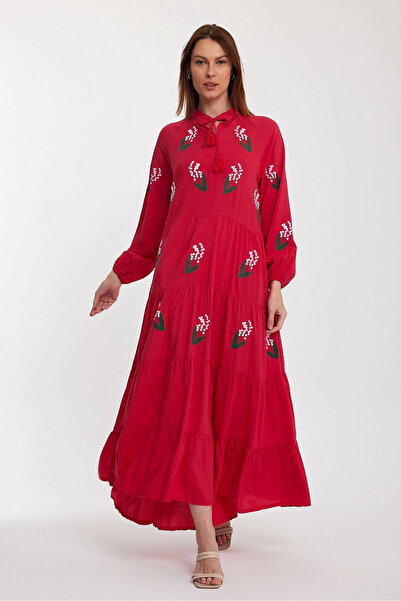 Denismoda VP926 Κέντημα Λεπτομερές Δικαστής Γιακάς Μακρύ Φόρεμα Βισκόζης ΡΟΖ