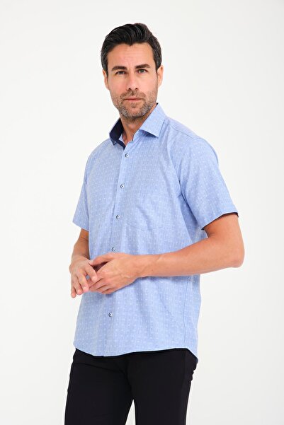 Fitmens Klasik Kısa Kol Açık Zemin Kutu Desen Keten Cotton Hediye Kutulu Erkek Gömlek FS-000745 - Mavi