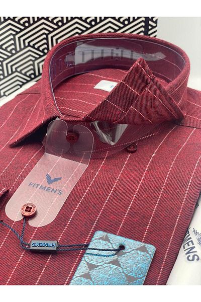 Fitmens Classic Long Sleeve Winter Striped Collar Bottom Button Men's Shirt with Gift Box Fs- 003363   - Burgundy