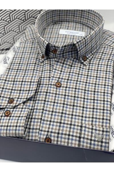 Fitmens Classic Long Sleeve Winter Checked Collar Buttoned 100% Cotton Gift Boxed Men's Shirt Fs-003765 - Beige