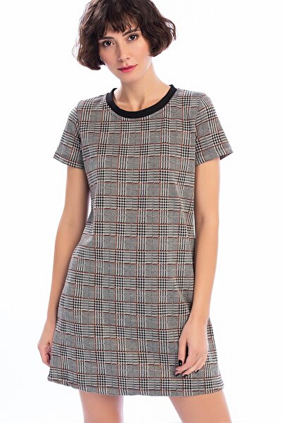 Cotton Mood 8402772 Jacquard Plaid Patterned Zippered Back Dress Plaid Gray
