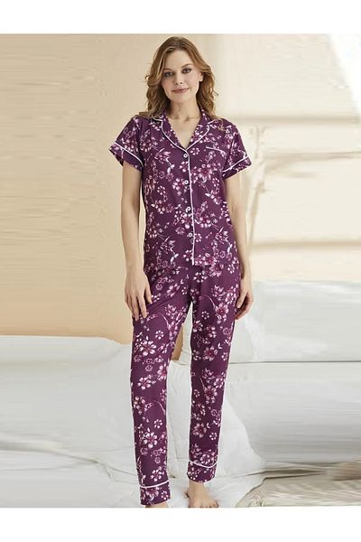 JENİKA Set pijama pentru femei, 2 piese, cu nasturi, cu modele de flori de prun