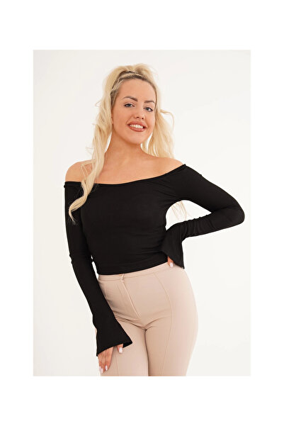 Cotton Mood 23254221 Ribbed Knit Madonna Ankle Slit Uz. Sleeve Blouse Black