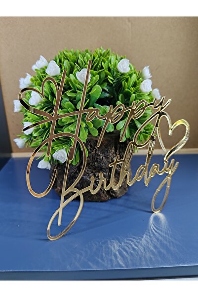 Pleksibu HAPPY BIRTHDAY PASTA ÖNÜ Ornament auriu din plexiglas pentru tort (N...