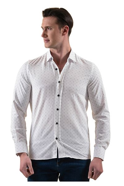 Exve Exclusive Μπλε Navy Sailor Anchor Pattern σε λευκό βαμβακερό ανδρικό πουκάμισο με λεπτή εφαρμογή