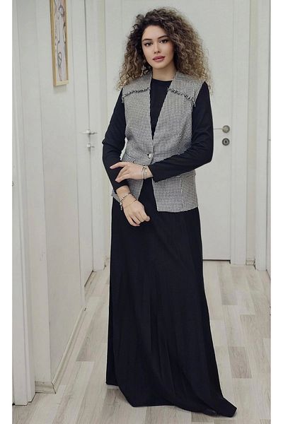 lodmela Γιλέκο Πλεκτό Υφασμάτινο Μακρύ Φόρεμα 703-Μαύρο