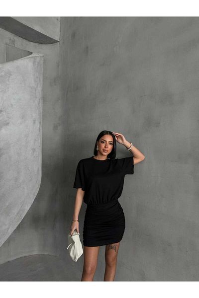 aytenli Crew Neck Short Sleeve Top Loose Bottom Side Shirring Tight Mini Length Modal Dress