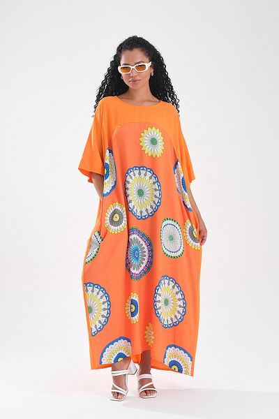 Denismoda Plus Size Vp3102 Patterned Orange Viscose Dress - Round Neck