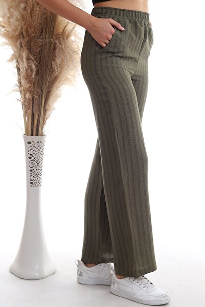 Cotton Mood 20333459 Linen Stripe Patterned Pocket Trousers Khaki