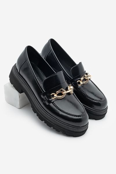 Marjin Rizya Schwarzer Damen-Loafer – Loafer-Freizeitschuhe mit dicker Sohle und Schnallendetails