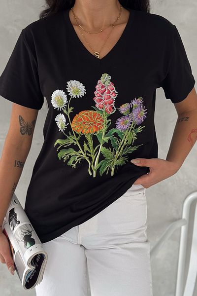 FEMELLE Tricou de damă, negru, cu decolteu în V, cu paiete, brodat, 100% bumbac