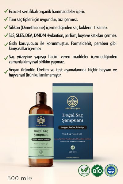 Apayrı Yaşam %100 Bitkisel Tüm Saç Tipleri İçin Doğal Saç Şampuanı 500 ml