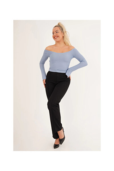 Cotton Mood 23254221 Ribbed Knit Madonna Ankle Slit Uz. Sleeve Blouse Blue