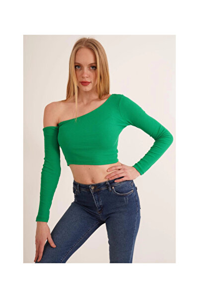 Cotton Mood 23254281 Ribbed Knit One-Shoulder Long Sleeve Blouse Green