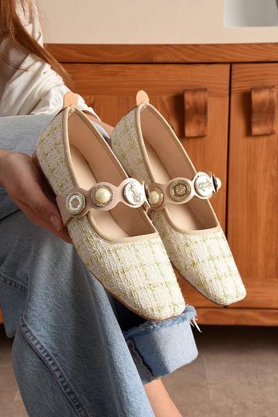 topukludünyası Πολύχρωμα Tweed Fabric Blunt Toe Γυναικεία παπούτσια μπαλαρίνας