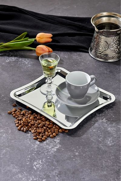 ŞAKİLATA CONCEPT Square Luxury Stainless Steel 2-Piece Silver Coffee, Tea, Decorative Presentation Serving Tray