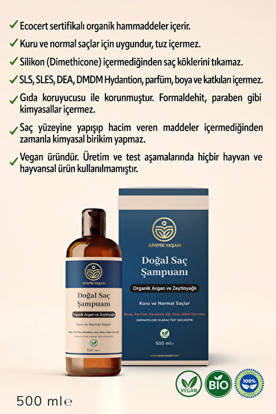 Apayrı Yaşam %100 Bitkisel Kuru ve Normal Saçlar İçin Doğal Saç Şampuanı 500 ml