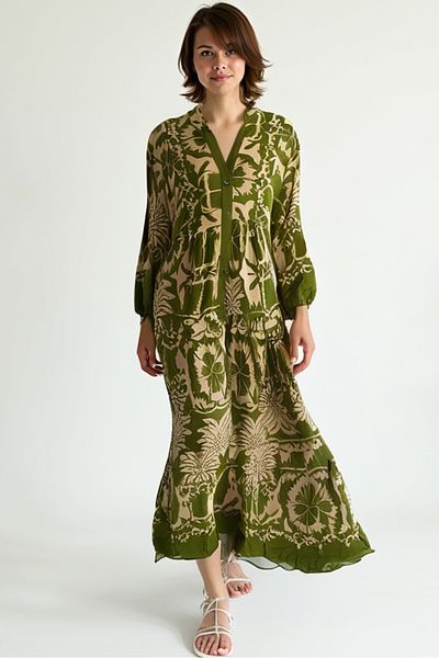 AYASOFYA OTANTIK Women's Green Button Detailed Placket Neckline Ethnic Print Balloon Sleeve Loose Long Dress