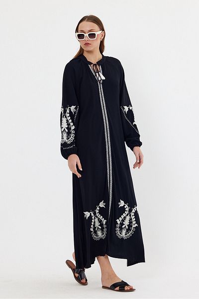 Denismoda Black Long Viscose Ethnic Dress - Vp8158 Floral Embroidered