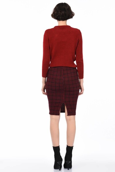 Cotton Mood 8525287 Checkered Pattern Elastic Waist Slit Pencil Skirt Burgundy