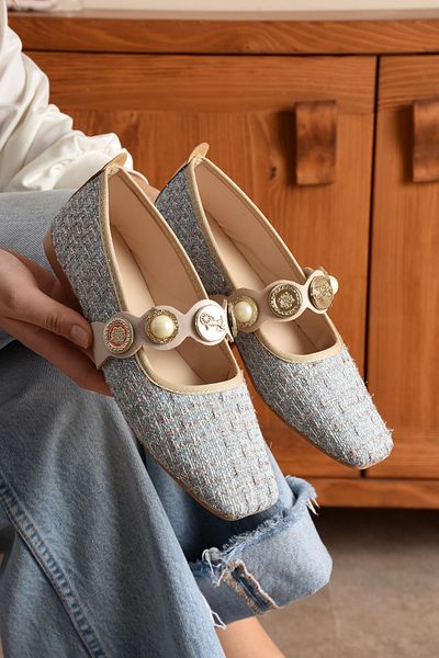 topukludünyası Colorful Tweed Fabric Blunt Toe Women's Ballerina Shoes