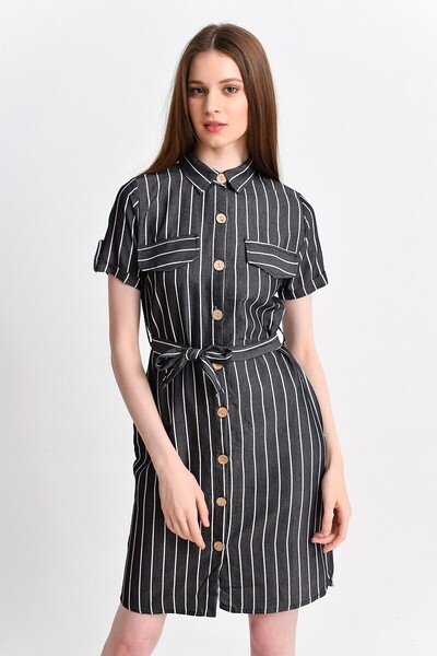Cotton Mood 9201572 Bodrum Kms.Shirt Collar Short Sleeve Dress Black Striped
