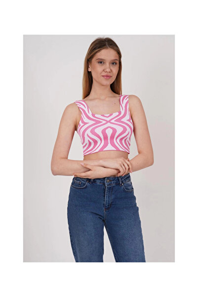 Cotton Mood 23256430 Knitwear Patterned Strappy Square Collar Tank Top PINK