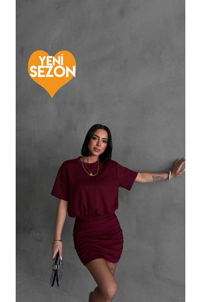 aytenli Crew Neck Short Sleeve Top Loose Bottom Side Shirring Tight Mini Length Modal Dress