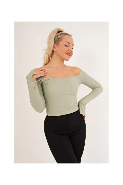 Cotton Mood 23254221 Ribbed Knit Madonna Ankle Slit Uz. Sleeve Blouse Green